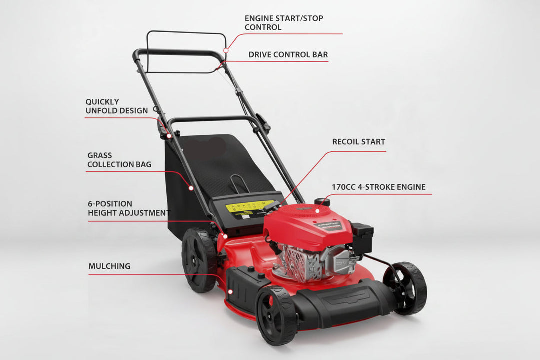 21-Inch 3-in-1 Gas Self-Propelled Lawn Mower, 170CC OHV Engine, Bagging/Mulching/Rear Discharge, 6 Height Adjustments, Steel Deck, Rear-Wheel Drive