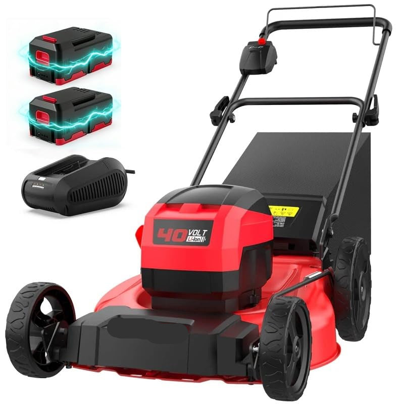 21-Inch 40V Cordless Walk-Behind Lawn Mower, 2-in-1 Mulching & Bagging, 6 Height Adjustments, Foldable, 2 Batteries & Charger Included, Easy Storage, for Garden & Yard