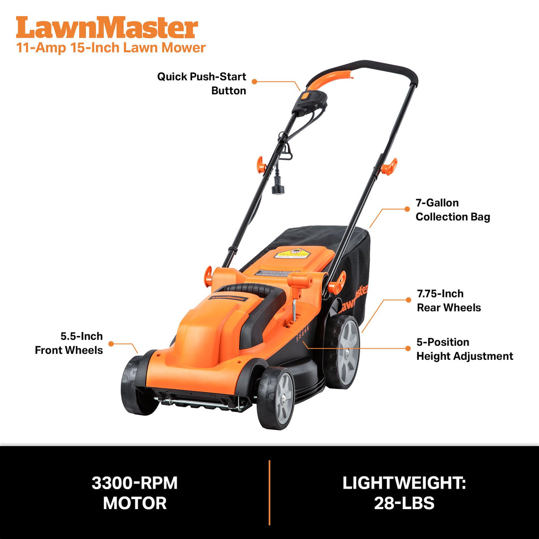 15" Electric Corded Lawn Mower, 11AMP Push Mower, Lightweight & Efficient for Small Lawns