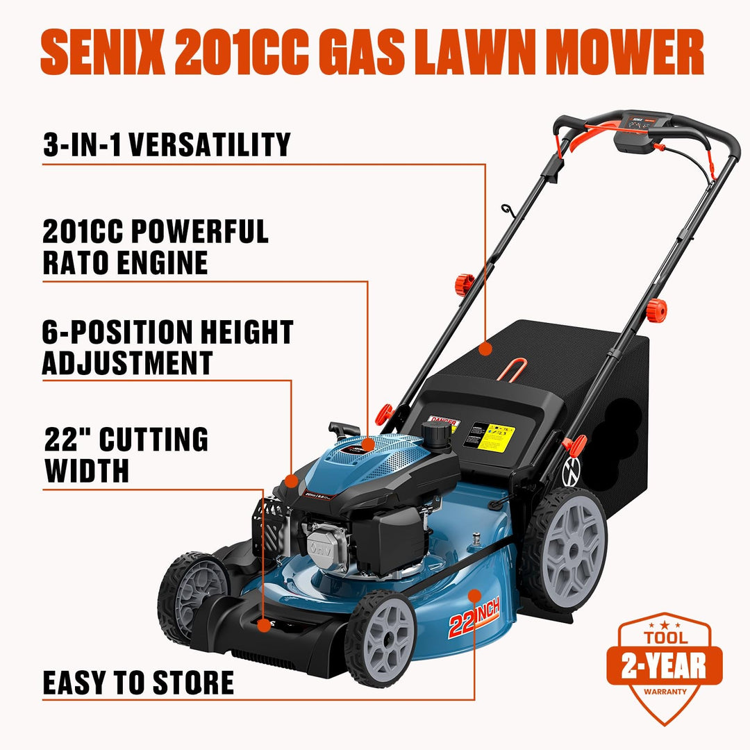 201cc 22" Gas Lawn Mower, Self-Propelled Rear Wheel Drive, 3-in-1 Mulching Bagging Discharge, Variable Speed, 6 Height Adjustment