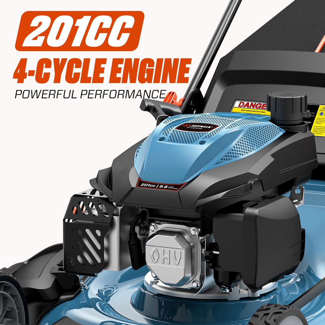 201cc 22" Gas Lawn Mower, Self-Propelled Rear Wheel Drive, 3-in-1 Mulching Bagging Discharge, Variable Speed, 6 Height Adjustment