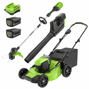 Green and black cordless lawn mower with attachments on a white background