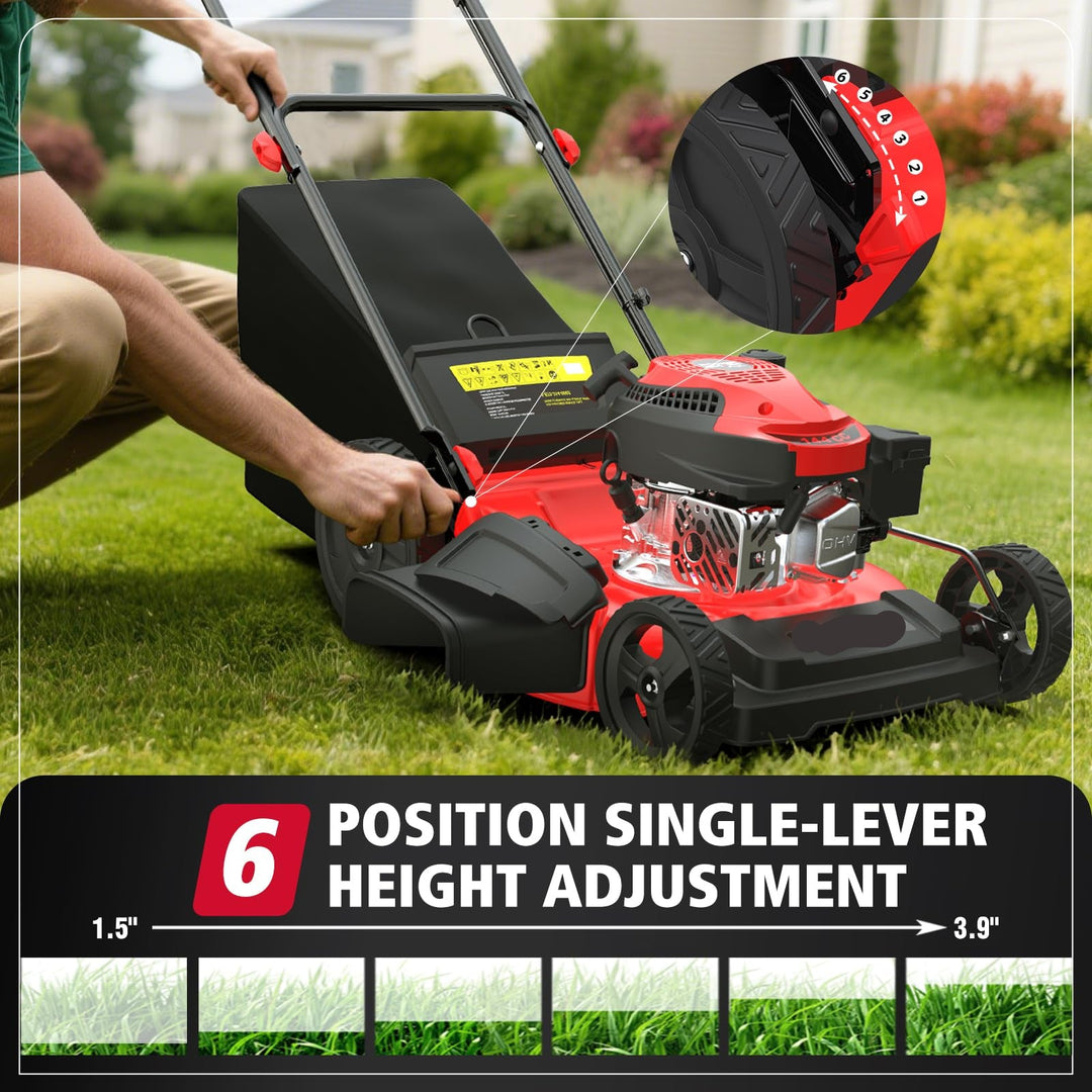 21" Gas Lawn Mower, 144cc OHV Engine, 3-in-1 Push Mower with Bagging, Mulching & Side Discharge