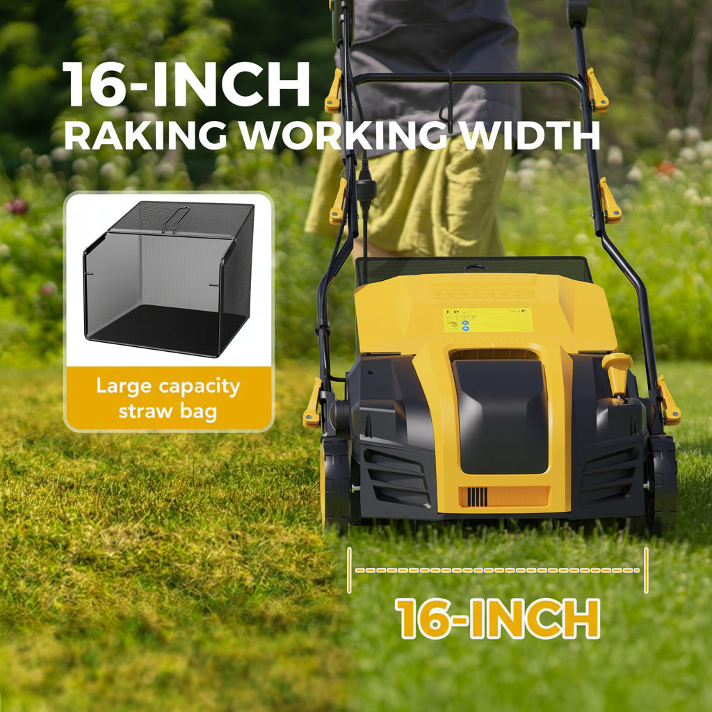 Upgraded 16-Inch 15 Amp Electric Dethatcher & Scarifier, 5-Position Depth Adjustment, 14.5 Gal Collection Bag, Improves Lawn Health, Model EDS16S